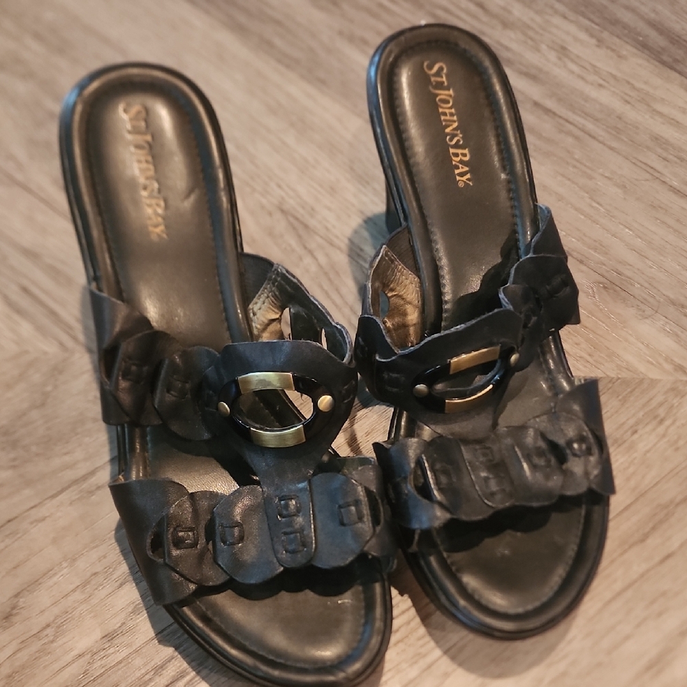 St. John's Bay Black Slide Sandals with Gold Accents